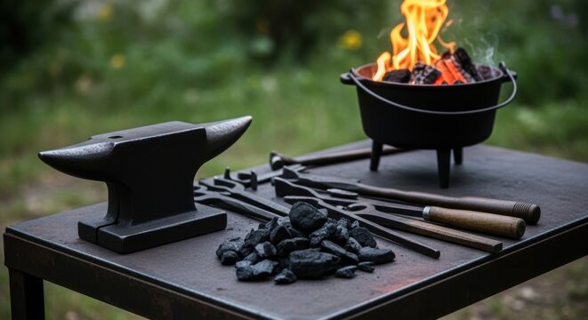 Outdoor blacksmithing setup with anvil tongs coal and a roaring fire in a cauldron