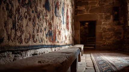 fortress. A medieval castle wall with a traditional woven tapestry. real-estate listings, architecture portfolios, designed for interior renovation comparisons for interiors, showcases craftsmanship.
