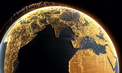 Rotating Digital Globe Highlighting Network Connections and Data Flow in Dark Environment - Powered by Adobe