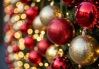 Festive arrangement of red and gold Christmas ornaments hanging on a tree with twinkling lights, concept for holiday promotions, festive backgrounds and seasonal greetings