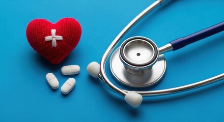 Cardiac health concept with stethoscope, medication, and a red mended heart symbol.