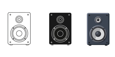 Speaker In Three styles vector set line art, silhouette and color version for versatile design applications
