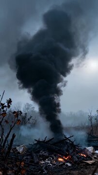 Dark smoke billows from a burning pile of debris, wood, and discarded materials