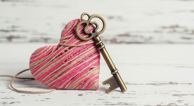 Vintage skeleton key leaning against a textured pink heart shape on a rustic white wooden background - Powered by Adobe