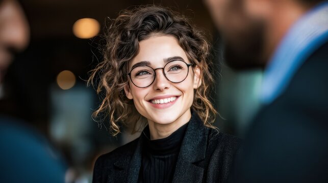 A young businesswoman with a warm smile listens attentively during a corporate discussion showing focus and strong engagement.