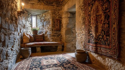 fortress. A medieval castle wall with a traditional woven tapestry. real-estate listings, architecture portfolios, designed for interior renovation comparisons for interiors, showcases craftsmanship.