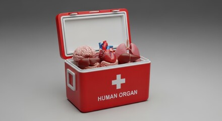 Red cooler with human organs for urgent medical transplantation and donation