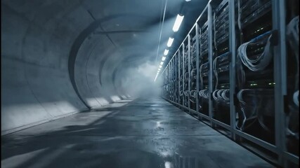 Futuristic data center corridor with glowing lights, server racks, and mist creating an eerie atmosphere - Powered by Adobe