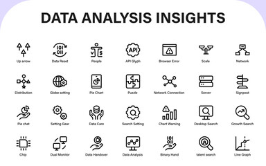 Data Analysis Insights Icons. Analytics Workflow, Digital Monitoring, Error Detection, and Global Network Optimization Symbols