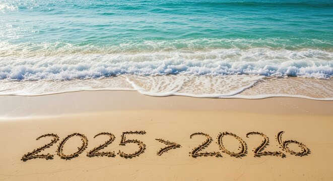 New year 2026 written in sand on a beach with ocean waves gently breaking