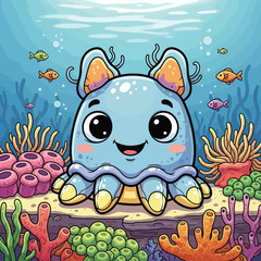 Cute Cartoon Blue Sea Creature with Big Eyes Underwater. Happy Octopus Character Smiling in Colorful Coral Reef with Fish and Bubbles for Kids Design Illustration.