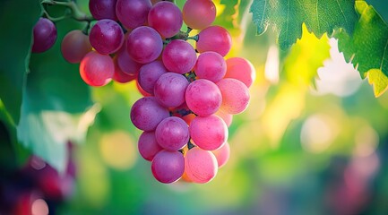 Close-up of a bunch of pink grapes on vine