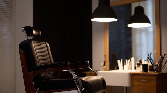 clippers. Professional barber shop interior featuring a single classic chair and clean station with tools. lifestyle magazines.