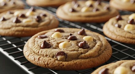Deliciously baked chocolate chip and macadamia nut cookies cooling on a wire rack
