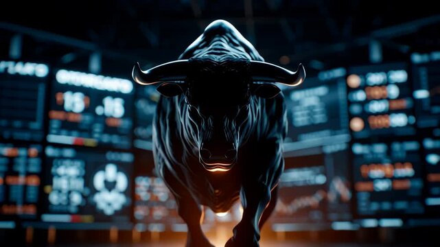 Dynamic digital bull charging with stock market data background, symbolizing financial growth and prosperity. Ideal for finance and investment themes.