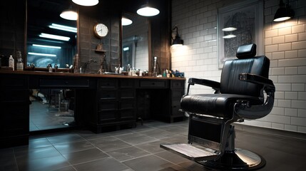 clippers. Professional barber shop interior featuring a single classic chair and clean station with tools. lifestyle magazines.