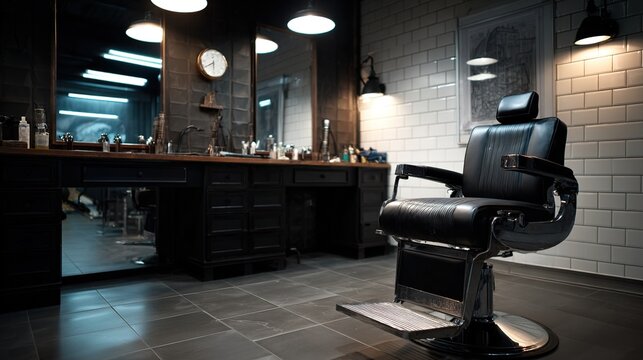 clippers. Professional barber shop interior featuring a single classic chair and clean station with tools. lifestyle magazines.