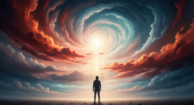 Solitary figure gazes upwards at a swirling vortex of vibrant clouds leading to a bright celestial light - Powered by Adobe