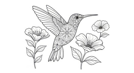 Obraz premium Hummingbird with floral patterns and flower illustration