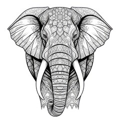 Detailed elephant head with floral pattern in black and white line art