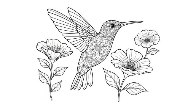 Hummingbird with floral patterns and flower illustration