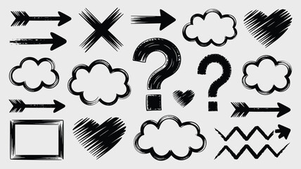 Hand drawn doodle elements graphic set with arrow heart question mark cloud and square isolated on white