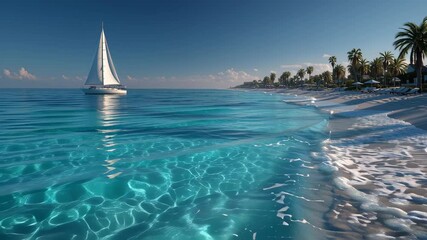 Serene beach with turquoise waters, palm trees, and sailboat under blue sky. Ideal for travel ads, relaxation, and resort promotions.