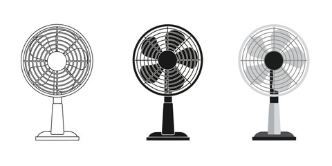 Table Fan In Three styles vector set line art, silhouette and color version for air circulation and temperature regulation in rooms
