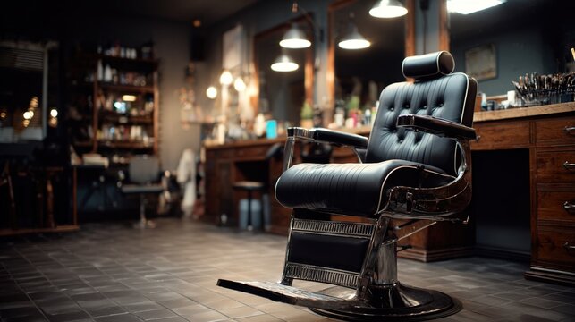 clippers. Professional barber shop interior featuring a single classic chair and clean station with tools. lifestyle magazines.