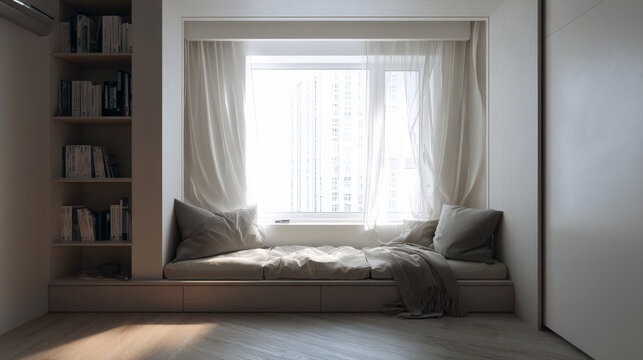 reading nook featuring wide window seat with beige cushions and cozy blanket, framed by sheer white curtains. Built-in wooden shelves hold books, capturing modern interior design, comfort, home luxury - Powered by Adobe