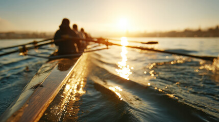 rowing shell gliding on water as sun sets, casting golden glare on water and boat's hull. Silhouetted crew and blurred background emphasize motion, training, unity, beauty of sport at dawn or dusk