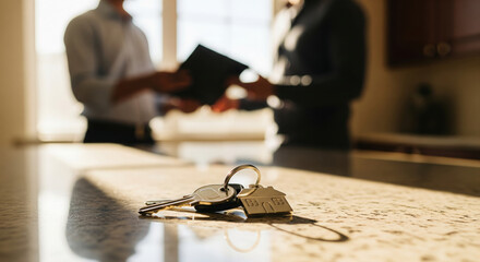 House keys on sunlit kitchen counter, new home closing realty concept