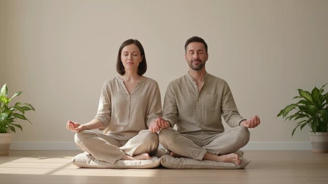 A serene couple practices meditation together, embodying tranquility and mindfulness in a quiet space, representing inner peace and well-being. - Powered by Adobe