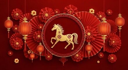 Chinese New Year of the Horse Decoration with Lanterns and Paper Flowers on Red Background