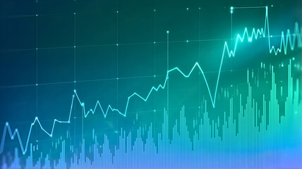 Naklejka premium Abstract financial graph with rising trend line and fluctuating data in shades of blue and green