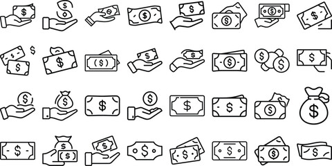 Collection of hand drawn doodle icons representing money transactions and financial concepts
