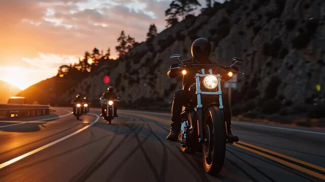 Motorcyclists ride along a scenic highway at sunset, surrounded by mountains, capturing a sense of adventure and freedom.