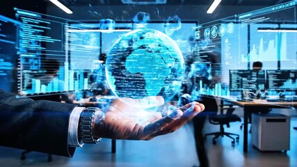 A hand holds a digital globe with office workers in the background, data visualization - Powered by Adobe