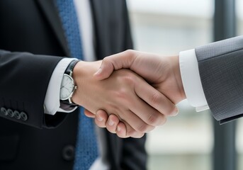 Close up handshake of two men, one is financial analyst and other is sales executive, concept for business collaboration, partnership agreement and deal conclusion