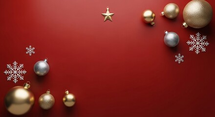 Fototapeta premium Minimalist Christmas holiday flat lay with decorative gold and silver ornaments and snowflakes creating a festive border on a vibrant red background with copy space