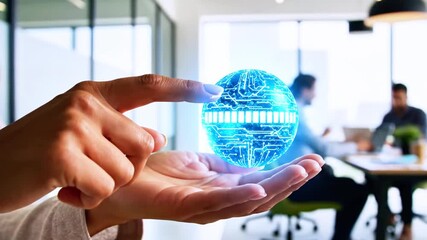 A hand interacts with a glowing, circuit-like globe in an office setting. Other people blur in the background - Powered by Adobe