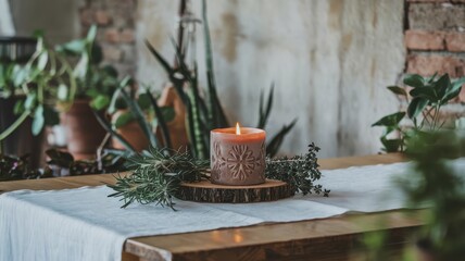 Warm, earthy candle on a rustic wooden table setting.