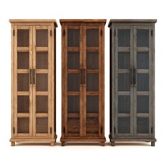 Three antique wooden display cabinets with glass doors in different finishes