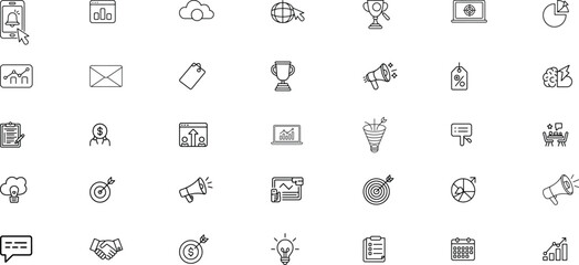 Minimal Marketing Line Icons Set, Business Strategy Icons, Analytics, Digital Marketing, Sales Funnel, Target, SEO, Promotion, Data, Growth
