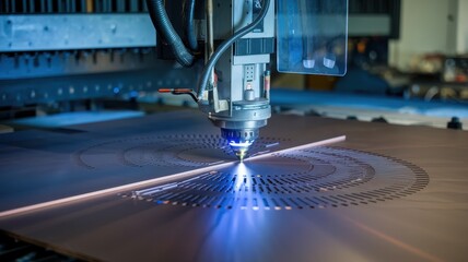 Precision laser cutting machine engraving a patterned metal sheet.