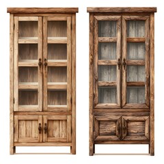 Two rustic wooden display cabinets with glass doors and drawers in a side by side comparison