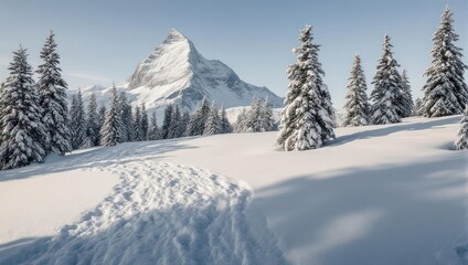 Winter Wonderland - Snow-Covered Landscape with Majestic Mountain Peak.