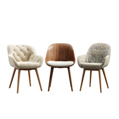 Three unique accent chairs with wooden legs on a white background