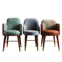 Three stylish upholstered armchairs with wooden legs in a row on a white background