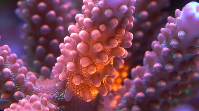Vibrant pink coral branches with intricate textures glow under warm light.